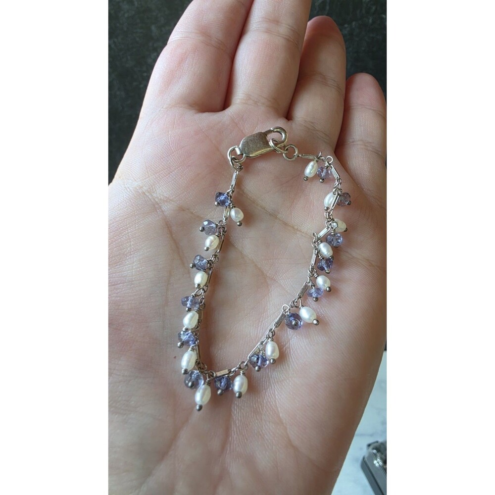 925 Sterling Silver Dangling Pearl & Crystal Beaded Charm Bracelet Vintage